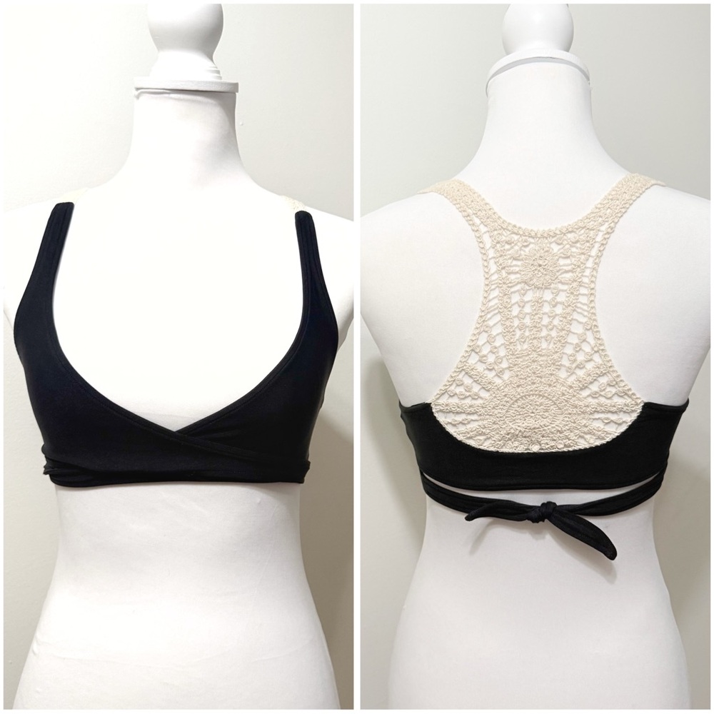 L*space cream open knit crochet racerback black wrap around bikini top